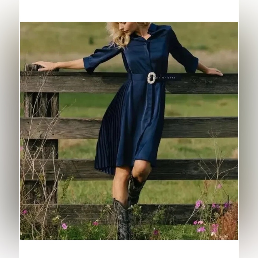 Aleeza Paris~ Navy Blue Satin Dress w/ Pleated Back & Belt w/ Rhinestone Buckle